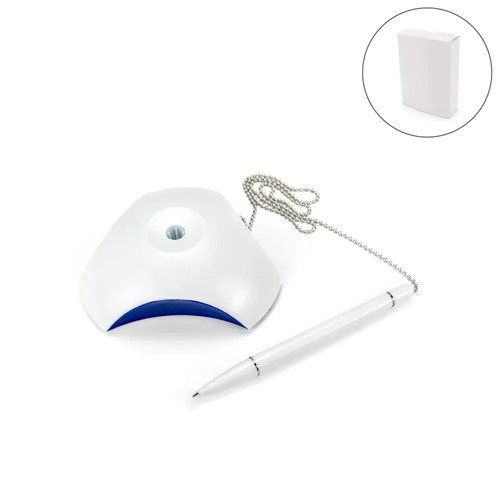Counter pen with base holder and chain, blue ink. Ideal for banks, offices, reception desks & retail counters with secure desk attachment.