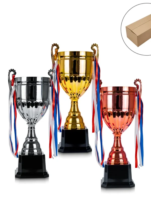 Metal Open Cup Trophies & Removable Ribbon Attached to Both Handles